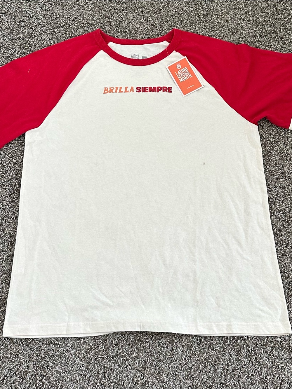 Target White Tee with Red Raglan Sleeves - "Brilla Siempre"